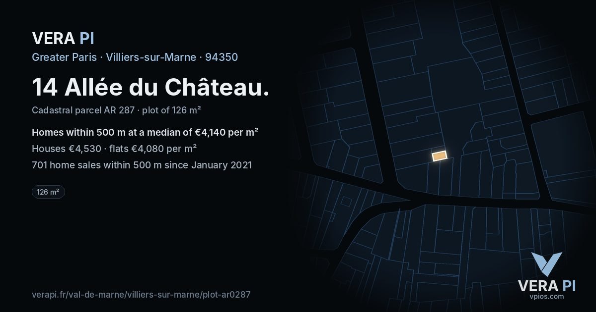 14 Allée du Château, Villiers-sur-Marne at night – the plot lit, the parcels around coloured by the prices near them