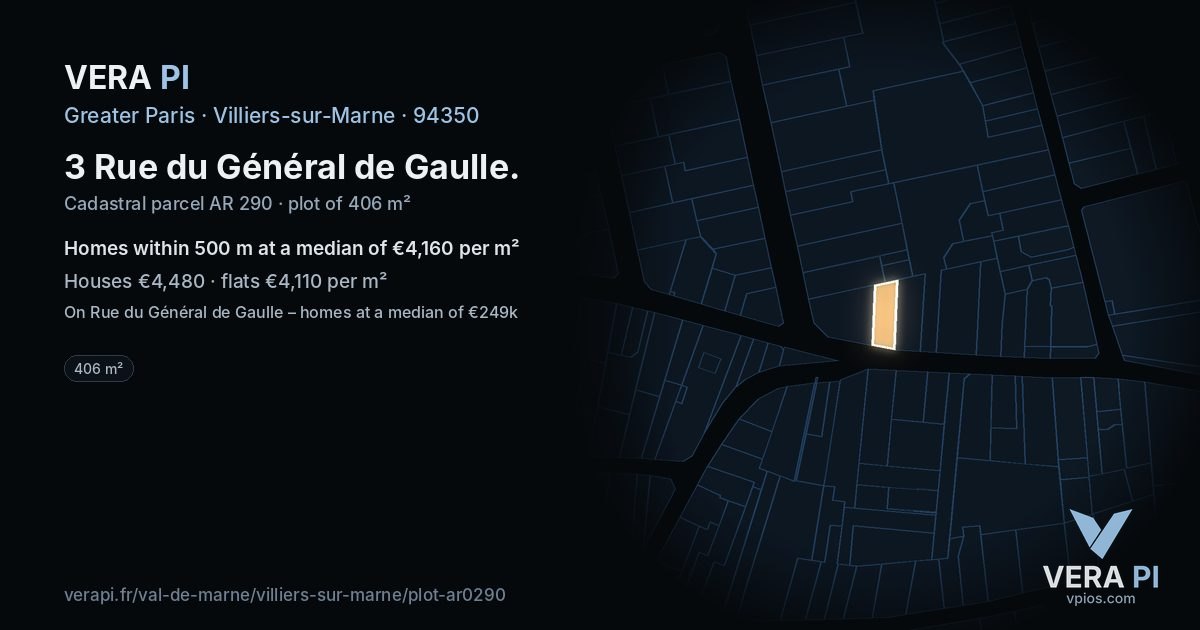3 Rue du Général de Gaulle, Villiers-sur-Marne at night – the plot lit, the parcels around coloured by the prices near them