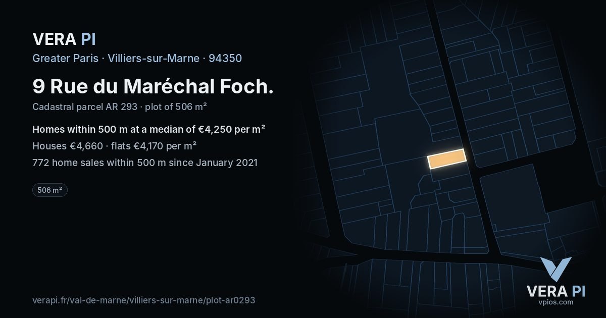 9 Rue du Maréchal Foch, Villiers-sur-Marne at night – the plot lit, the parcels around coloured by the prices near them