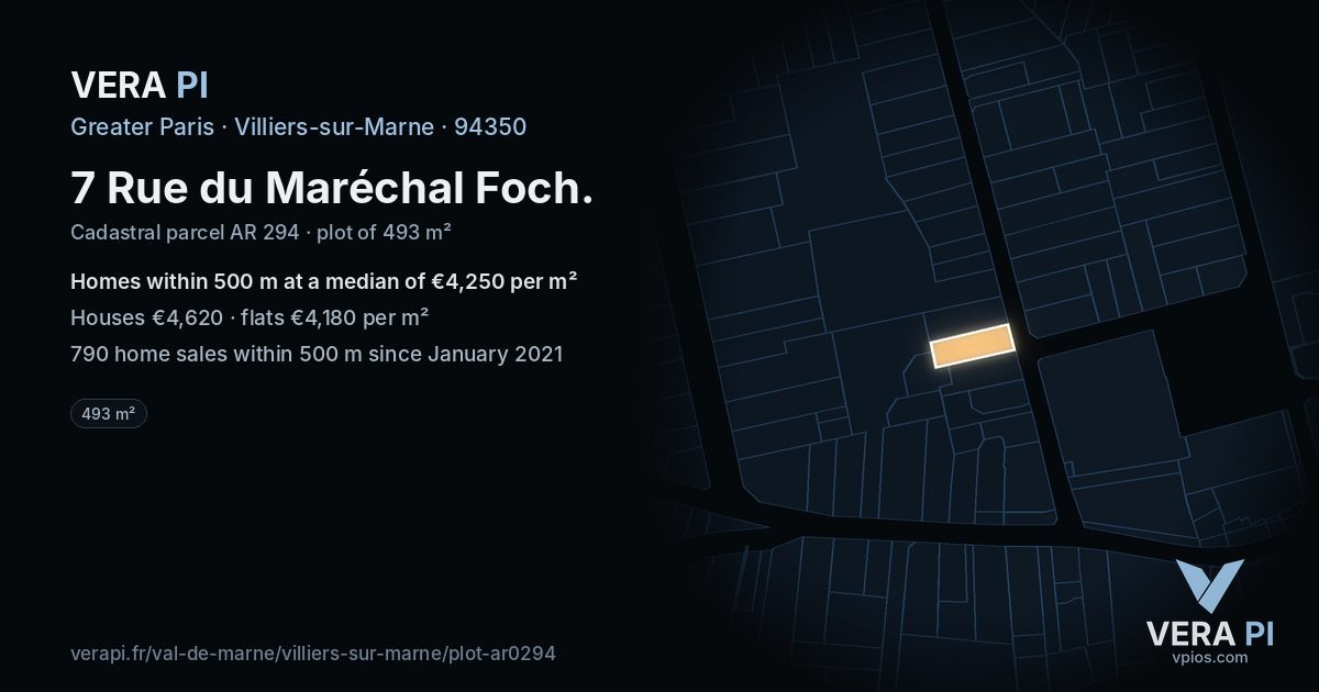 7 Rue du Maréchal Foch, Villiers-sur-Marne at night – the plot lit, the parcels around coloured by the prices near them