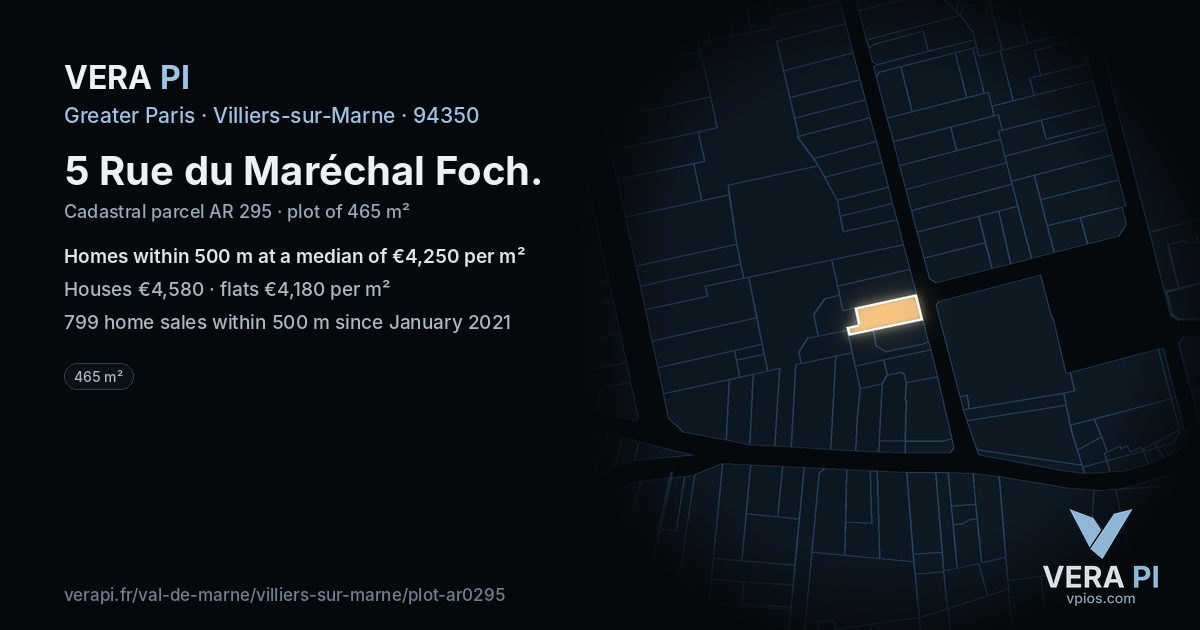 5 Rue du Maréchal Foch, Villiers-sur-Marne at night – the plot lit, the parcels around coloured by the prices near them