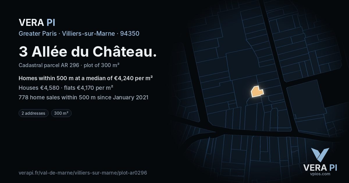 3 Allée du Château, Villiers-sur-Marne at night – the plot lit, the parcels around coloured by the prices near them