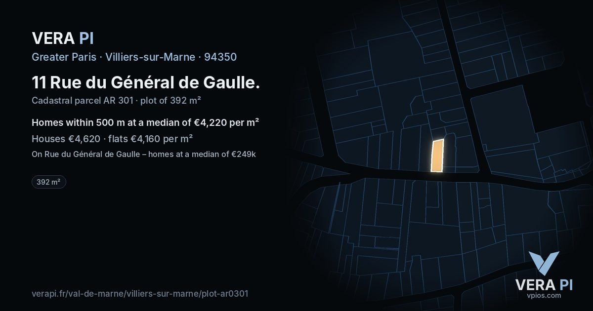 11 Rue du Général de Gaulle, Villiers-sur-Marne at night – the plot lit, the parcels around coloured by the prices near them