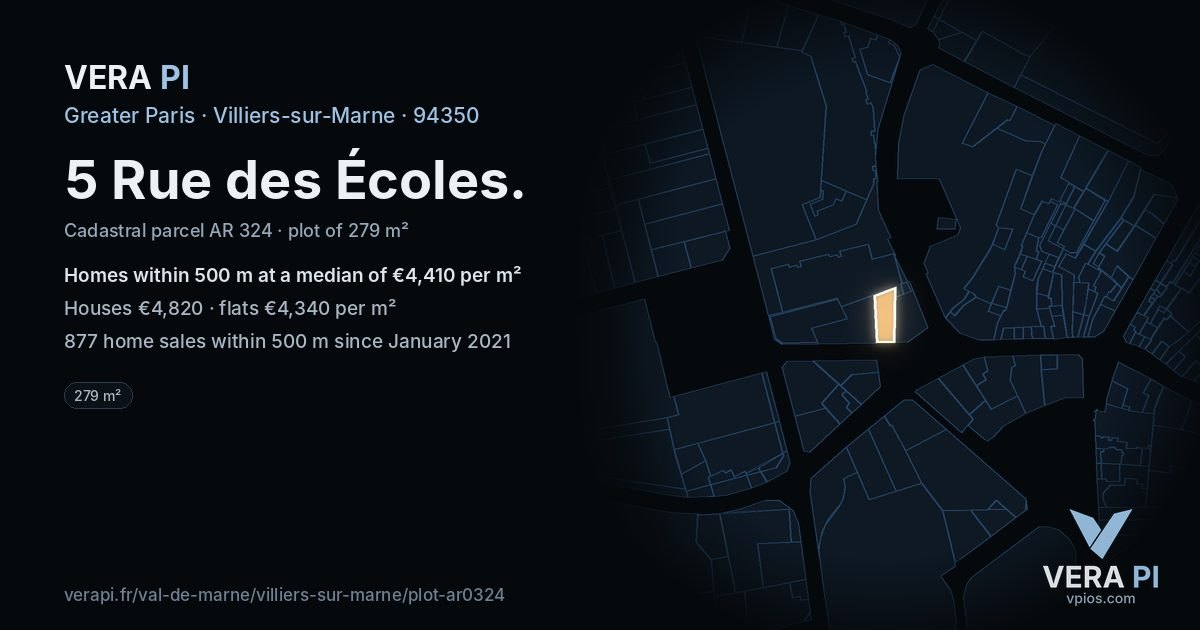 5 Rue des Écoles, Villiers-sur-Marne at night – the plot lit, the parcels around coloured by the prices near them