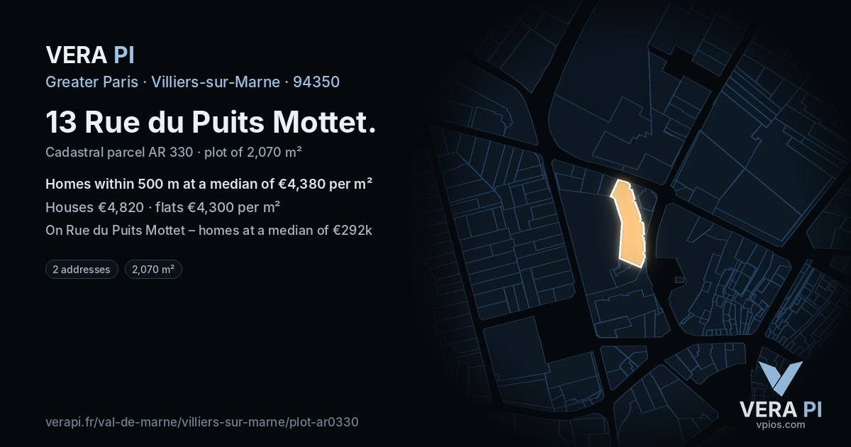 13 Rue du Puits Mottet, Villiers-sur-Marne at night – the plot lit, the parcels around coloured by the prices near them