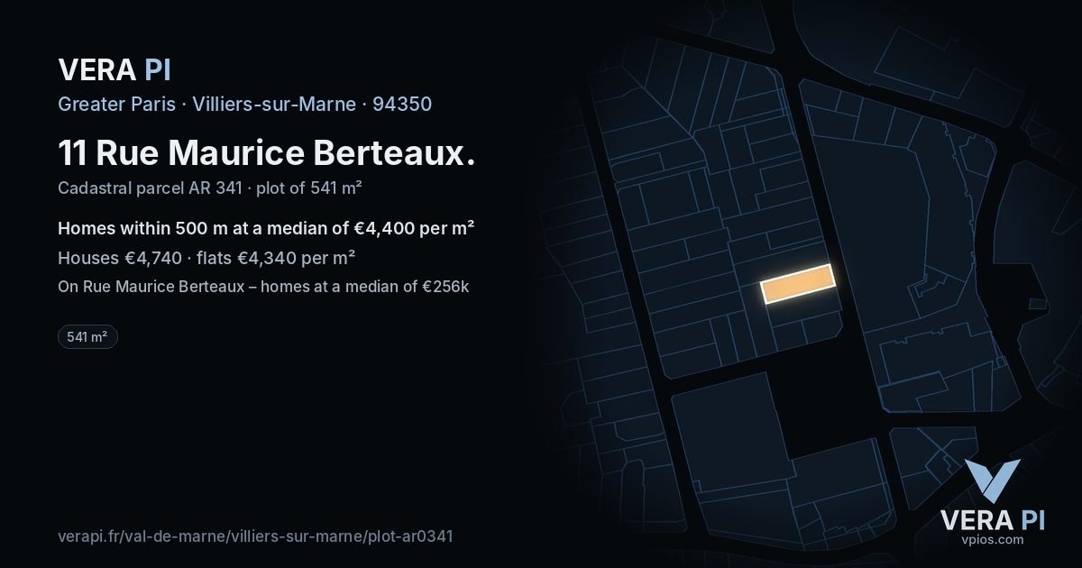 11 Rue Maurice Berteaux, Villiers-sur-Marne at night – the plot lit, the parcels around coloured by the prices near them