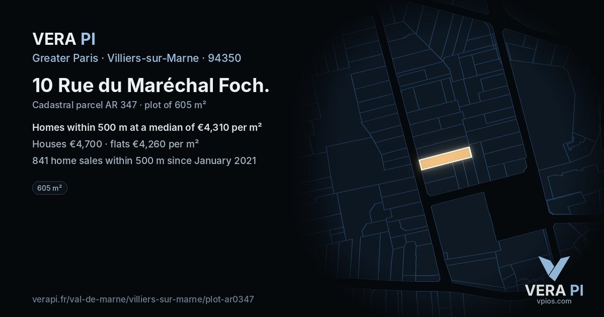 10 Rue du Maréchal Foch, Villiers-sur-Marne at night – the plot lit, the parcels around coloured by the prices near them
