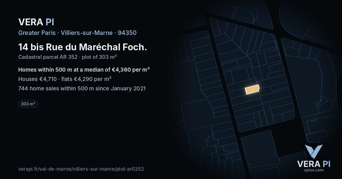 14 bis Rue du Maréchal Foch, Villiers-sur-Marne at night – the plot lit, the parcels around coloured by the prices near them
