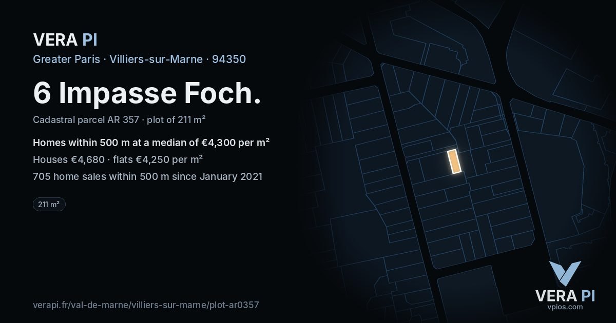 6 Impasse Foch, Villiers-sur-Marne at night – the plot lit, the parcels around coloured by the prices near them