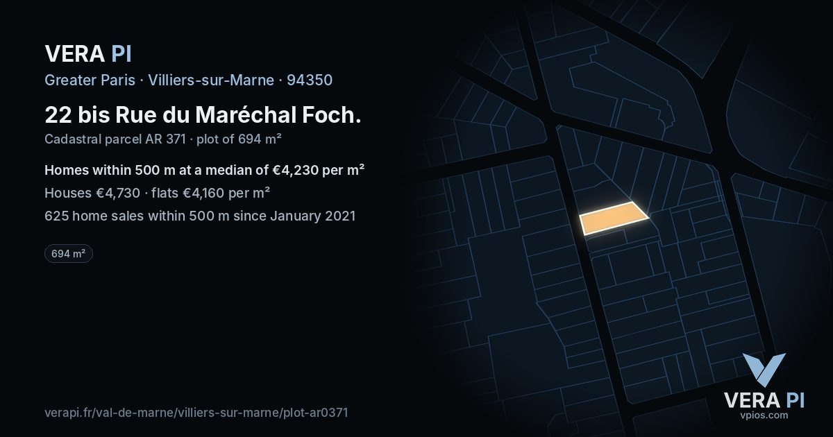 22 bis Rue du Maréchal Foch, Villiers-sur-Marne at night – the plot lit, the parcels around coloured by the prices near them