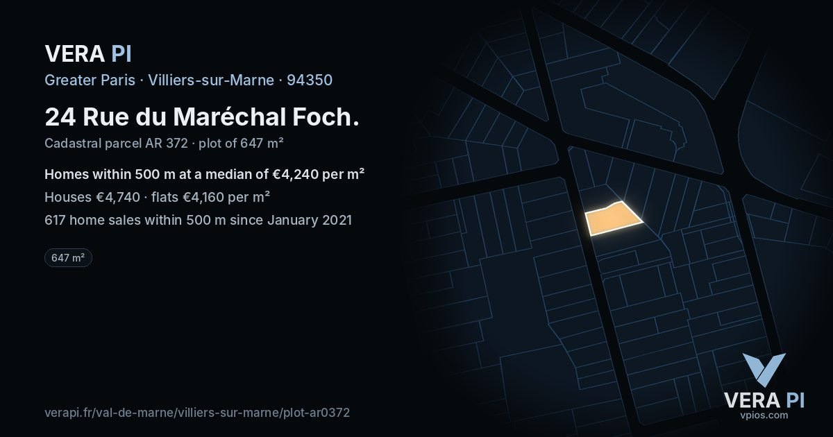24 Rue du Maréchal Foch, Villiers-sur-Marne at night – the plot lit, the parcels around coloured by the prices near them