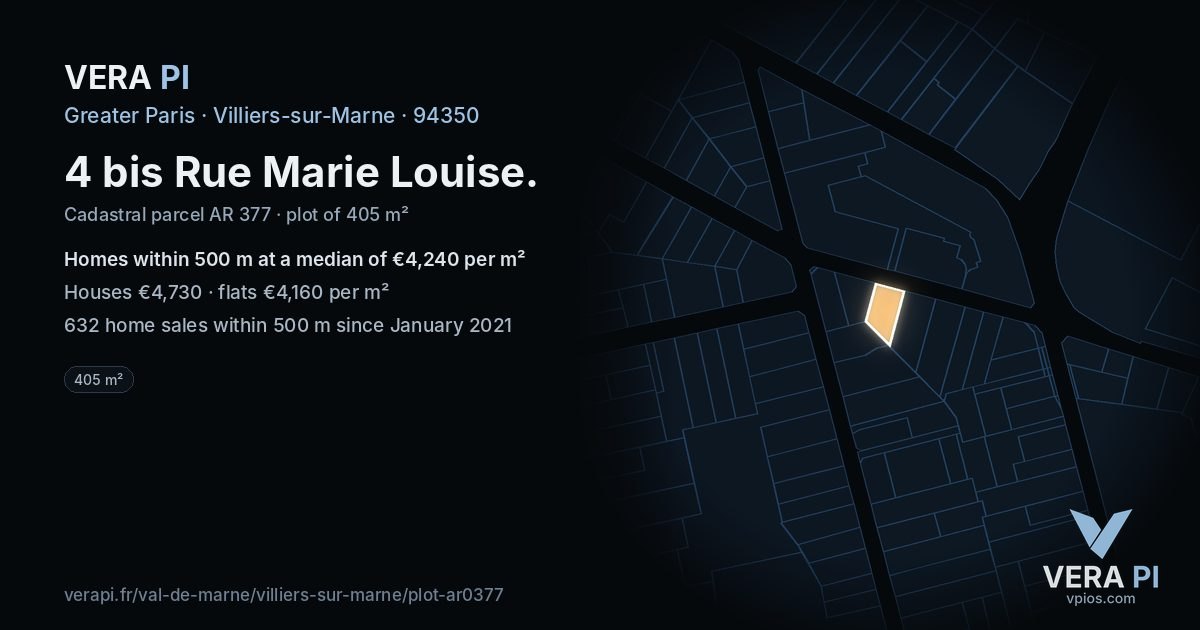 4 bis Rue Marie Louise, Villiers-sur-Marne at night – the plot lit, the parcels around coloured by the prices near them