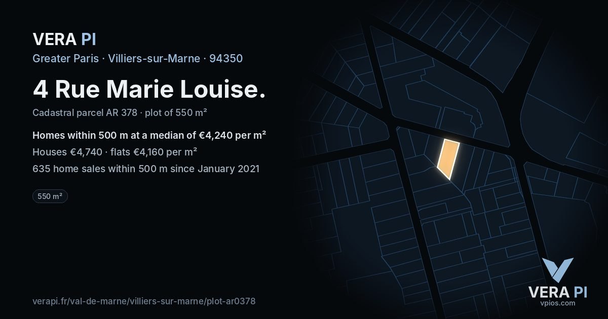 4 Rue Marie Louise, Villiers-sur-Marne at night – the plot lit, the parcels around coloured by the prices near them