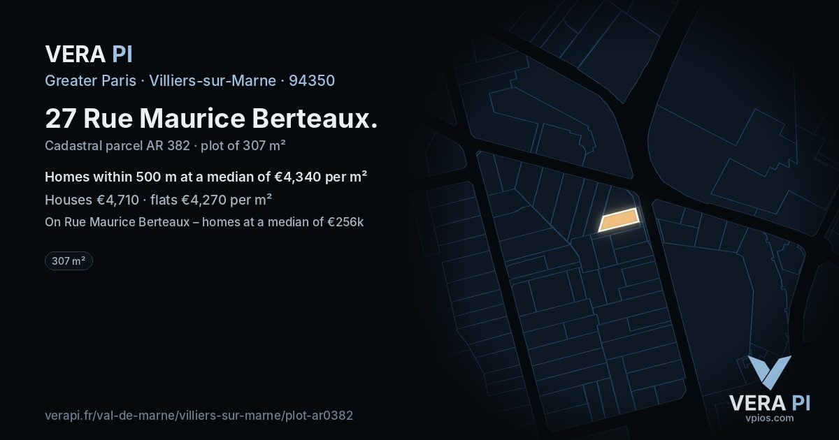 27 Rue Maurice Berteaux, Villiers-sur-Marne at night – the plot lit, the parcels around coloured by the prices near them