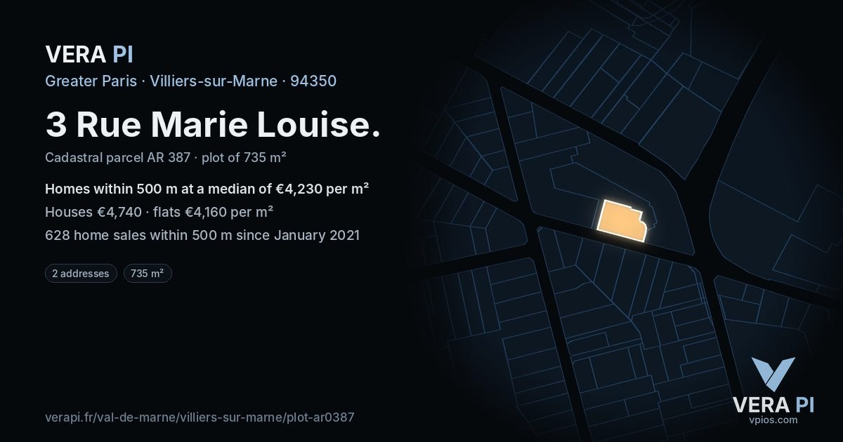 3 Rue Marie Louise, Villiers-sur-Marne at night – the plot lit, the parcels around coloured by the prices near them