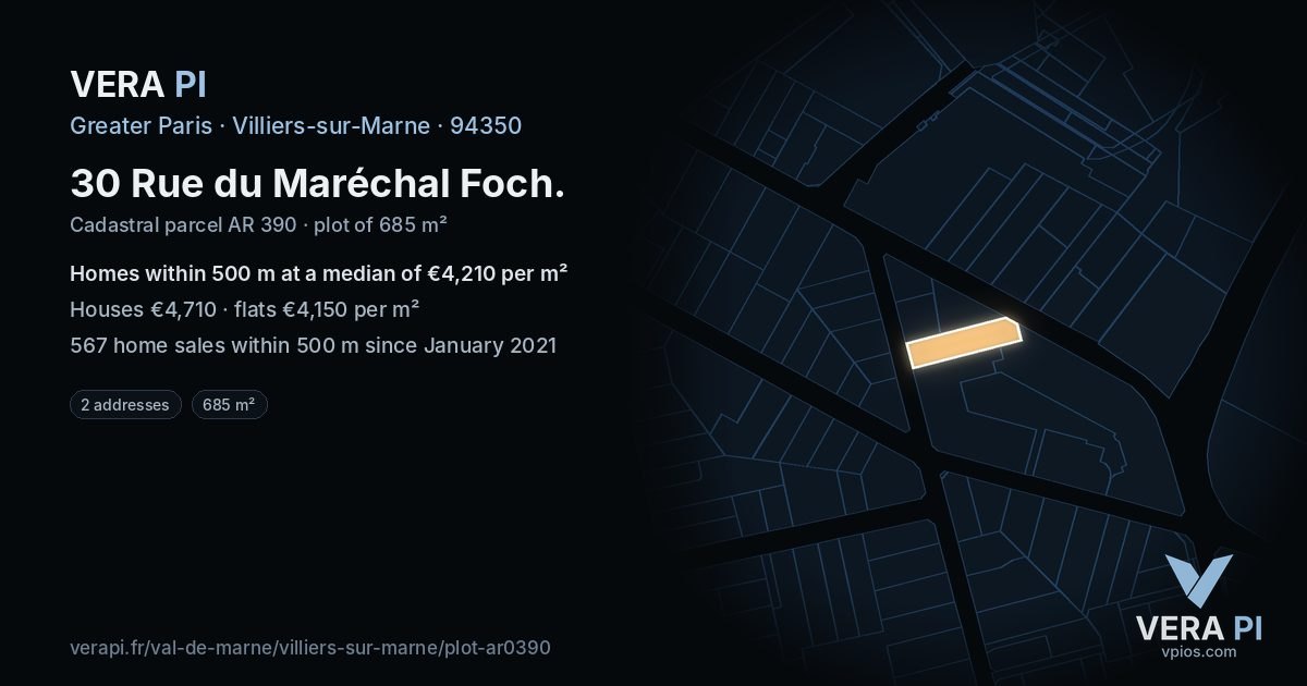 30 Rue du Maréchal Foch, Villiers-sur-Marne at night – the plot lit, the parcels around coloured by the prices near them