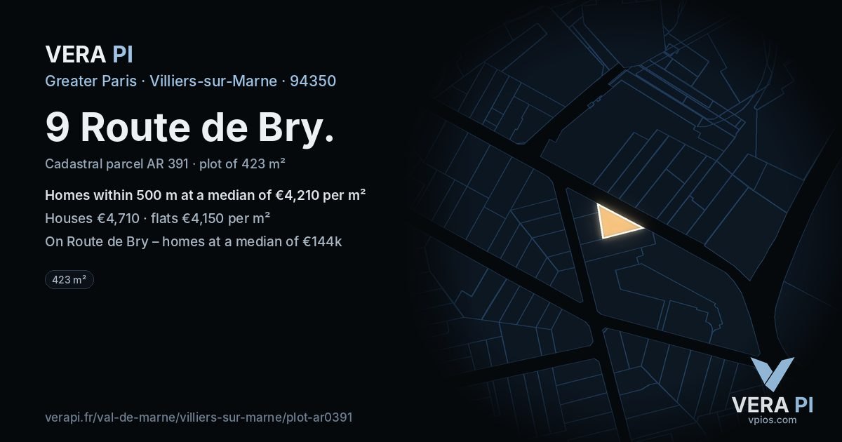 9 Route de Bry, Villiers-sur-Marne at night – the plot lit, the parcels around coloured by the prices near them