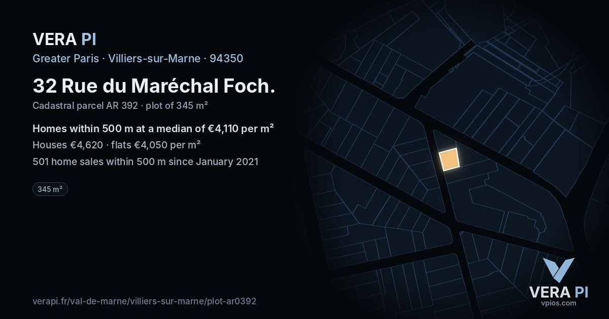 32 Rue du Maréchal Foch, Villiers-sur-Marne at night – the plot lit, the parcels around coloured by the prices near them