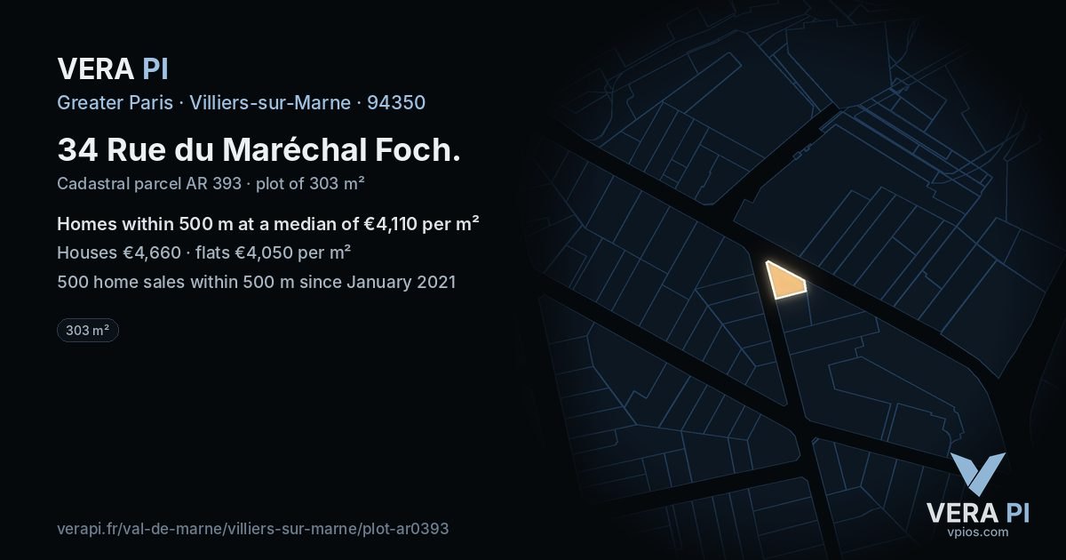34 Rue du Maréchal Foch, Villiers-sur-Marne at night – the plot lit, the parcels around coloured by the prices near them