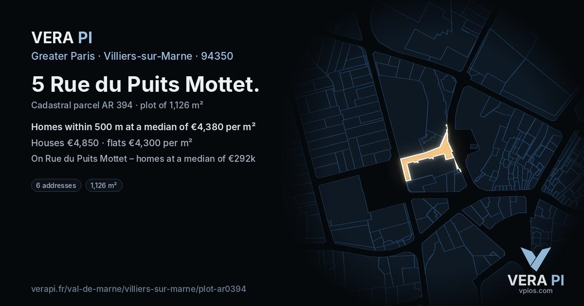5 Rue du Puits Mottet, Villiers-sur-Marne at night – the plot lit, the parcels around coloured by the prices near them