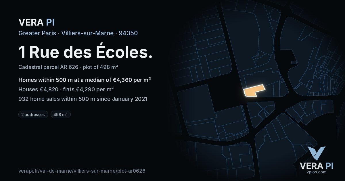 1 Rue des Écoles, Villiers-sur-Marne at night – the plot lit, the parcels around coloured by the prices near them