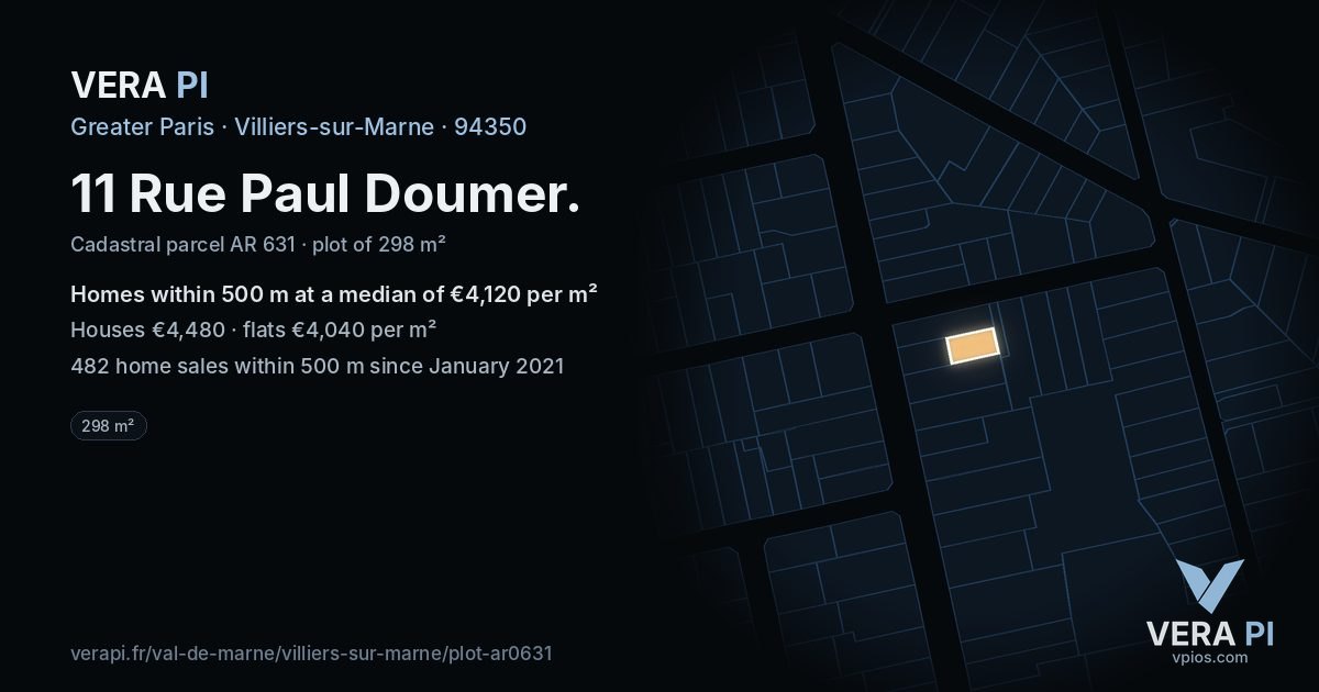11 Rue Paul Doumer, Villiers-sur-Marne at night – the plot lit, the parcels around coloured by the prices near them