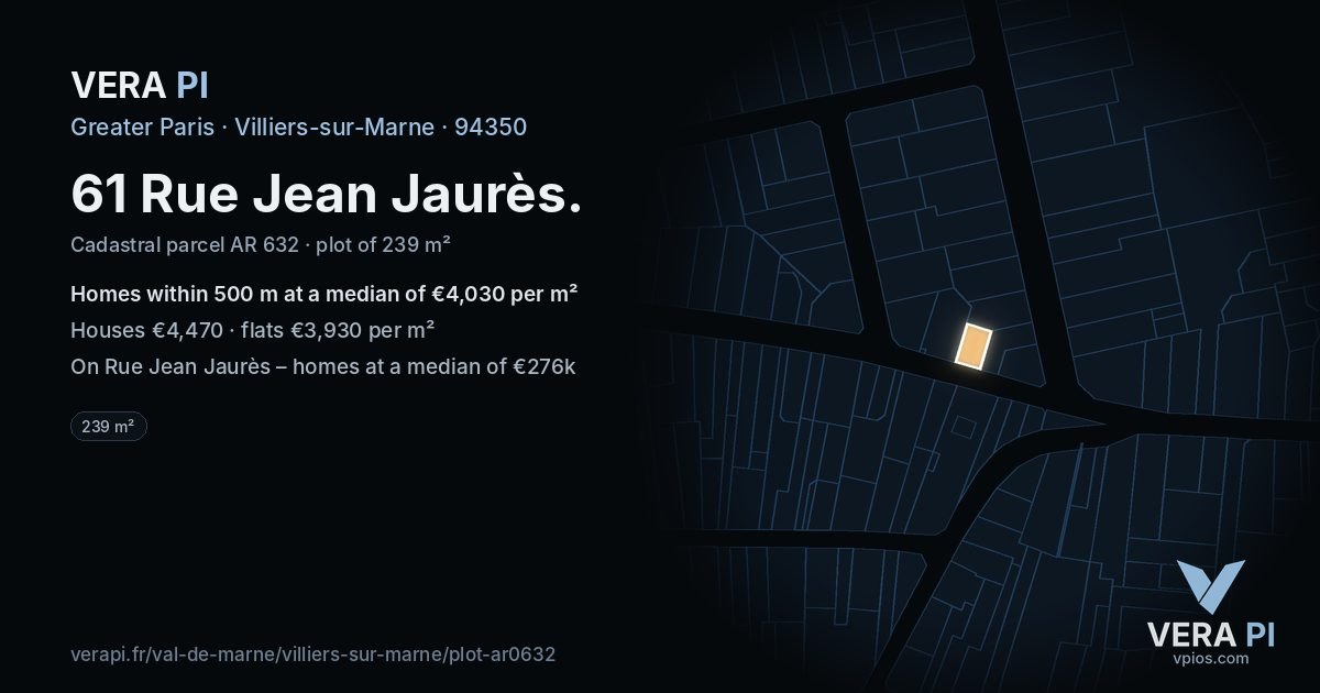 61 Rue Jean Jaurès, Villiers-sur-Marne at night – the plot lit, the parcels around coloured by the prices near them