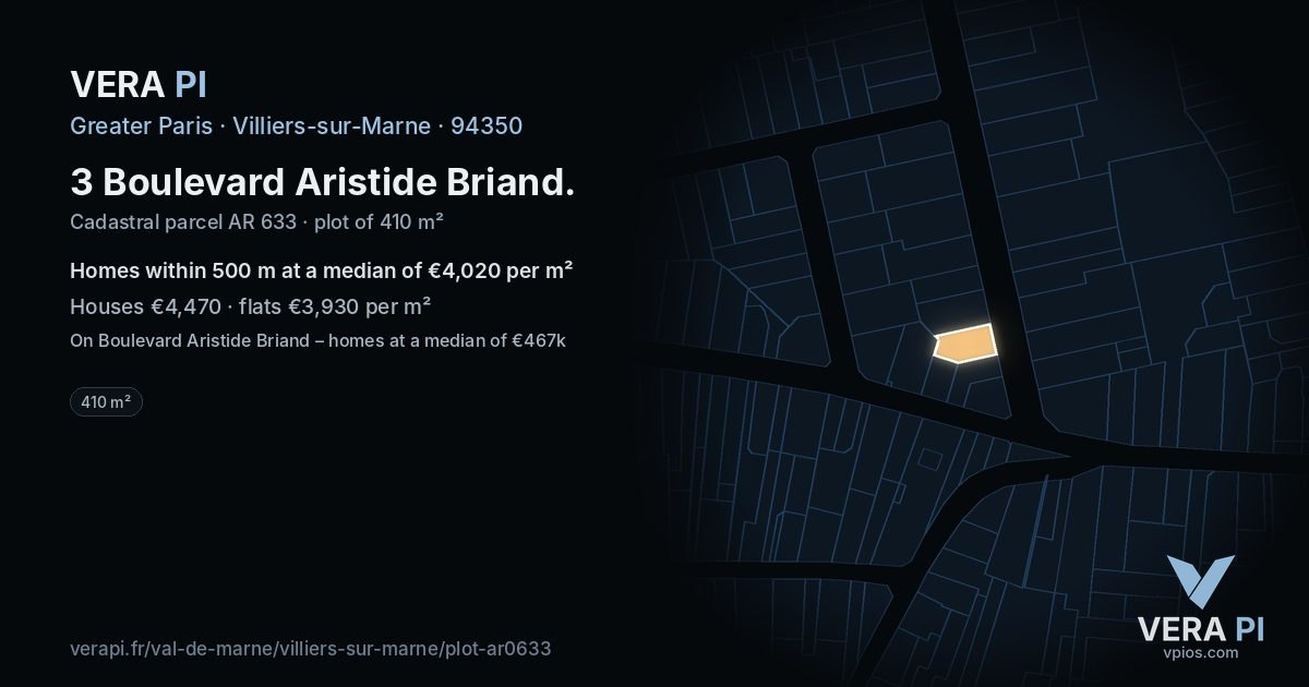 3 Boulevard Aristide Briand, Villiers-sur-Marne at night – the plot lit, the parcels around coloured by the prices near them