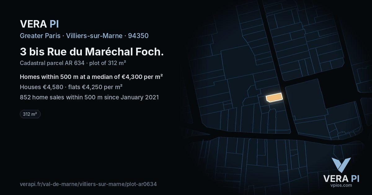 3 bis Rue du Maréchal Foch, Villiers-sur-Marne at night – the plot lit, the parcels around coloured by the prices near them
