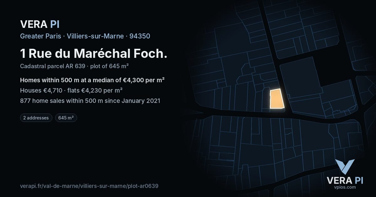 1 Rue du Maréchal Foch, Villiers-sur-Marne at night – the plot lit, the parcels around coloured by the prices near them