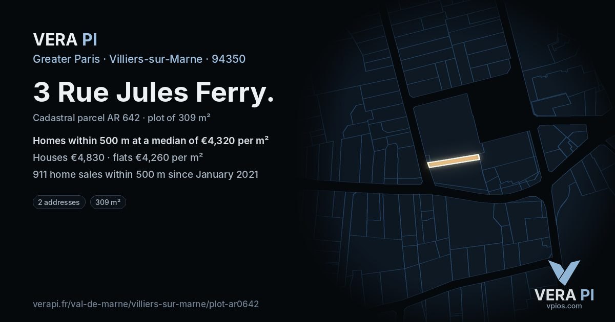 3 Rue Jules Ferry, Villiers-sur-Marne at night – the plot lit, the parcels around coloured by the prices near them