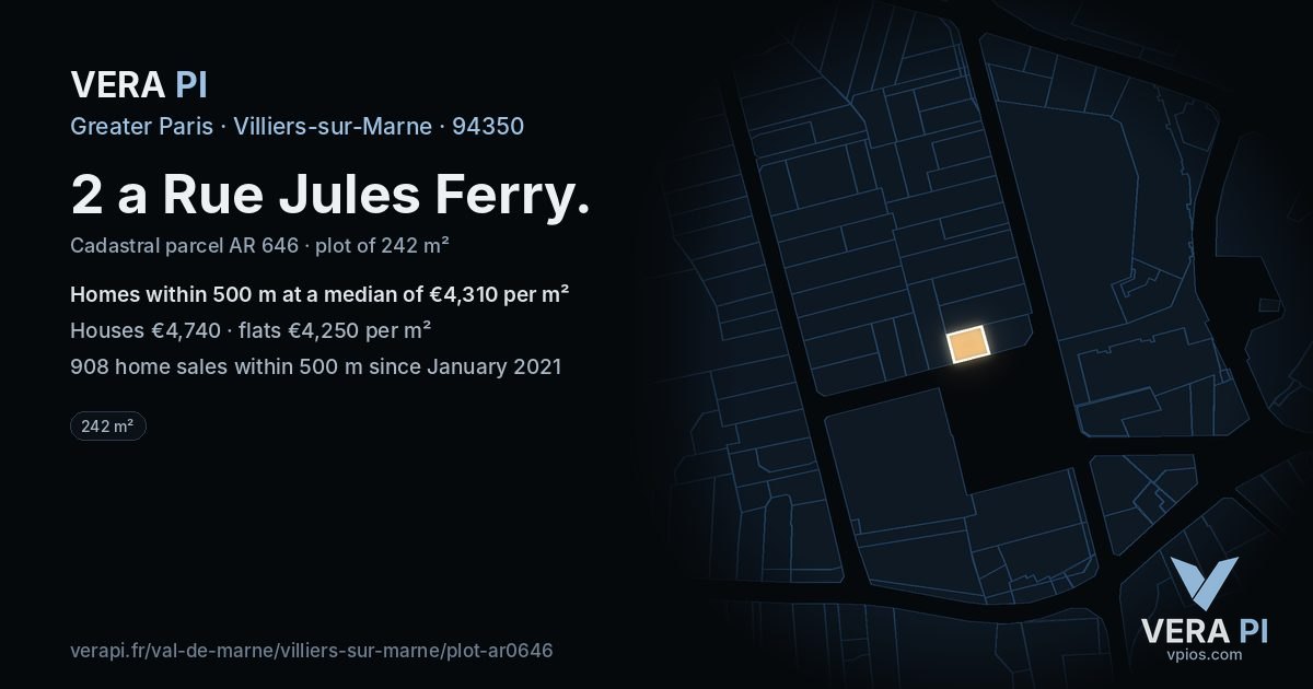 2 a Rue Jules Ferry, Villiers-sur-Marne at night – the plot lit, the parcels around coloured by the prices near them