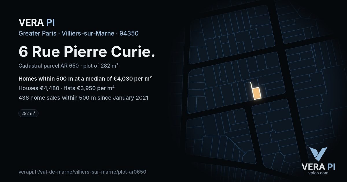 6 Rue Pierre Curie, Villiers-sur-Marne at night – the plot lit, the parcels around coloured by the prices near them