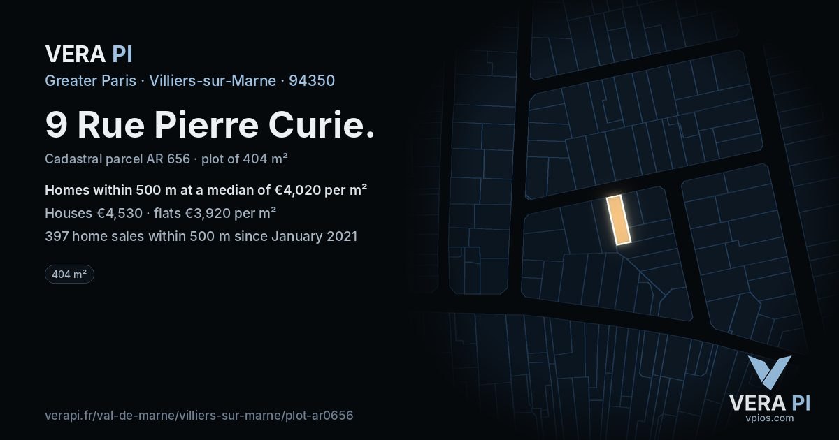 9 Rue Pierre Curie, Villiers-sur-Marne at night – the plot lit, the parcels around coloured by the prices near them