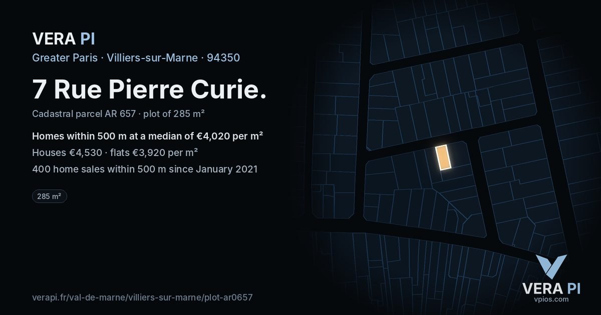 7 Rue Pierre Curie, Villiers-sur-Marne at night – the plot lit, the parcels around coloured by the prices near them