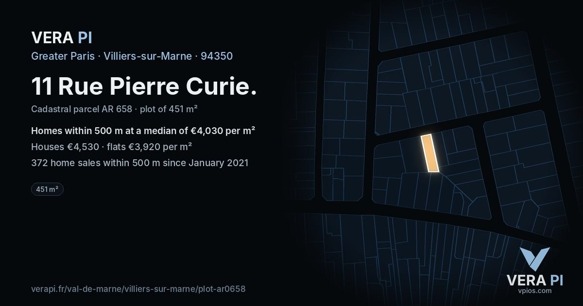 11 Rue Pierre Curie, Villiers-sur-Marne at night – the plot lit, the parcels around coloured by the prices near them
