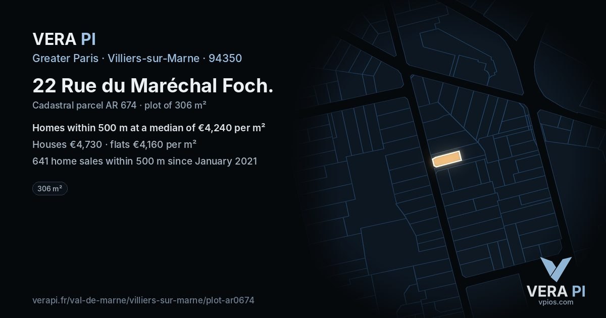 22 Rue du Maréchal Foch, Villiers-sur-Marne at night – the plot lit, the parcels around coloured by the prices near them