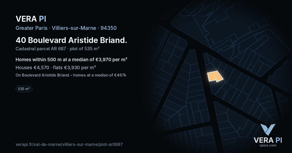 40 Boulevard Aristide Briand, Villiers-sur-Marne at night – the plot lit, the parcels around coloured by the prices near them