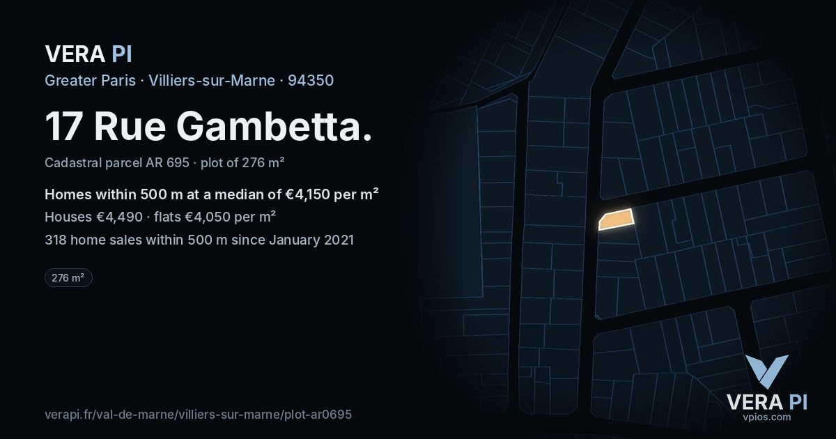 17 Rue Gambetta, Villiers-sur-Marne at night – the plot lit, the parcels around coloured by the prices near them