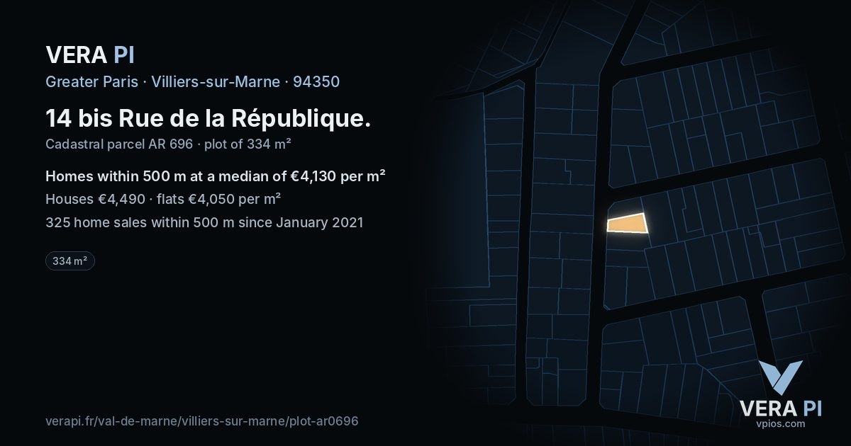 14 bis Rue de la République, Villiers-sur-Marne at night – the plot lit, the parcels around coloured by the prices near them