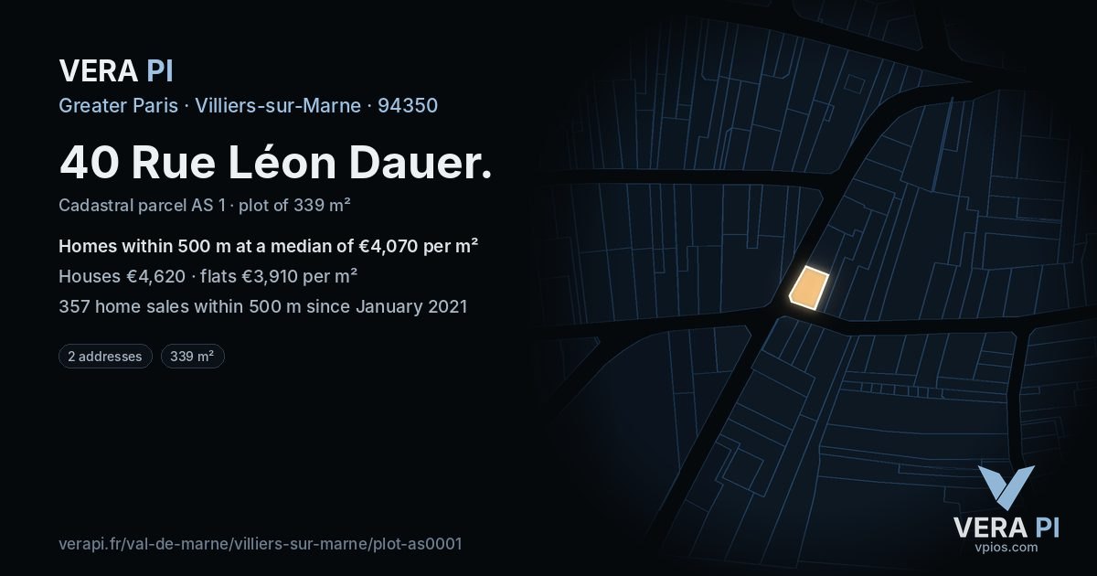 40 Rue Léon Dauer, Villiers-sur-Marne at night – the plot lit, the parcels around coloured by the prices near them