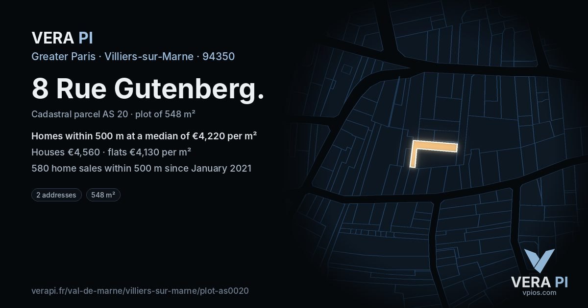 8 Rue Gutenberg, Villiers-sur-Marne at night – the plot lit, the parcels around coloured by the prices near them