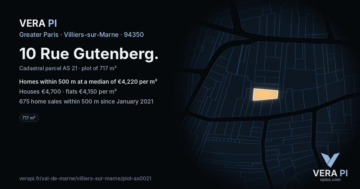10 Rue Gutenberg, Villiers-sur-Marne at night – the plot lit, the parcels around coloured by the prices near them
