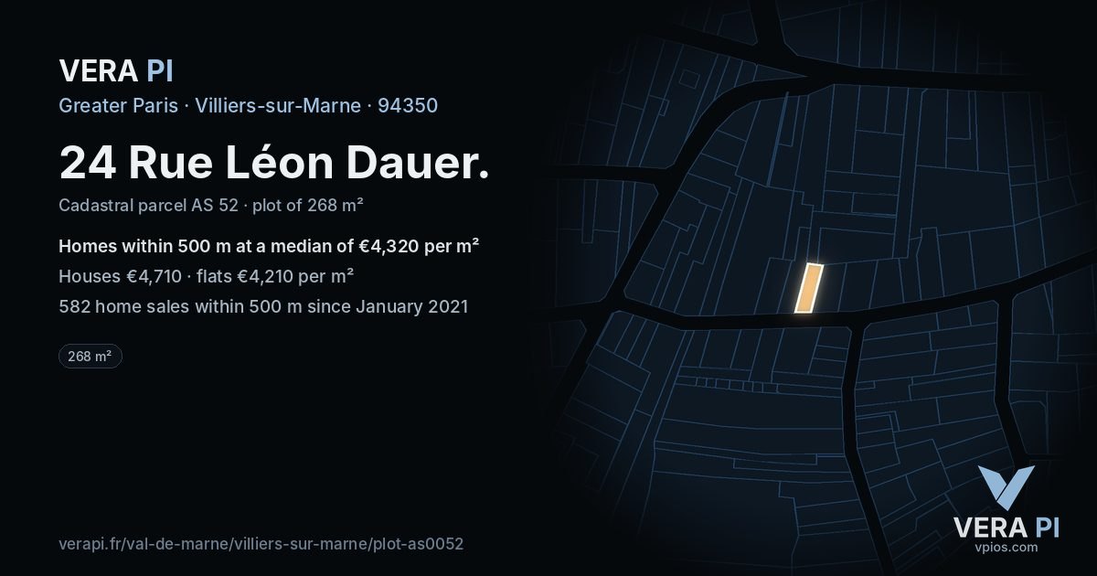 24 Rue Léon Dauer, Villiers-sur-Marne at night – the plot lit, the parcels around coloured by the prices near them
