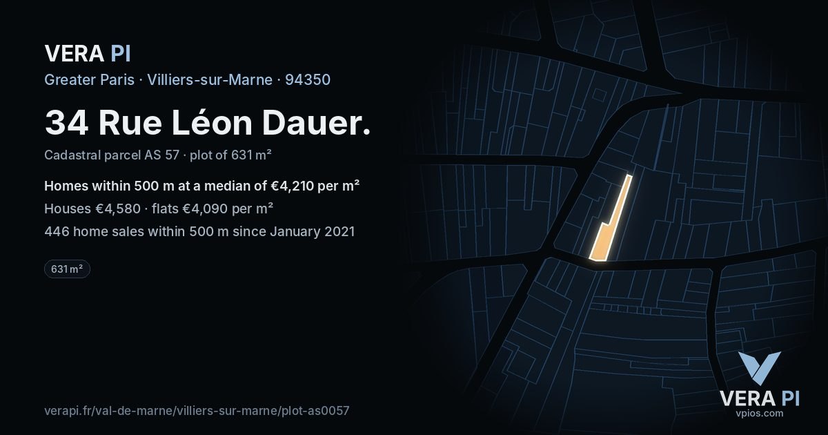 34 Rue Léon Dauer, Villiers-sur-Marne at night – the plot lit, the parcels around coloured by the prices near them