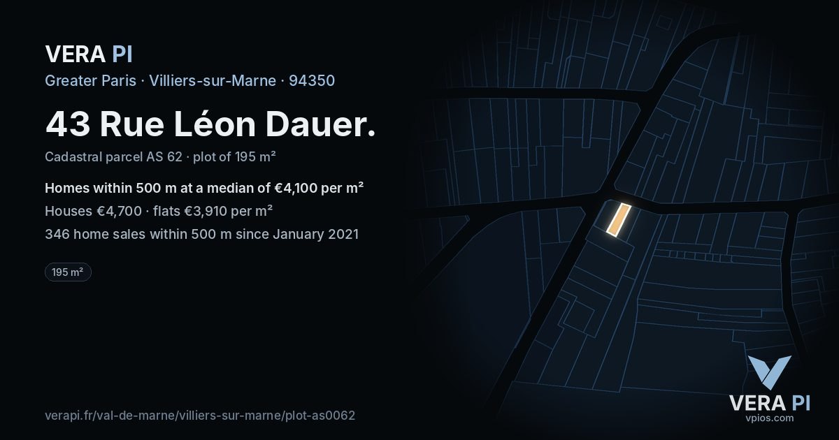 43 Rue Léon Dauer, Villiers-sur-Marne at night – the plot lit, the parcels around coloured by the prices near them