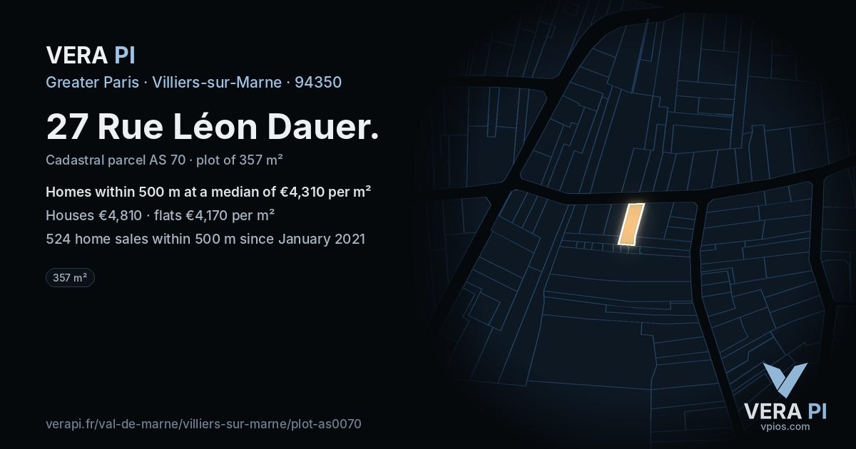 27 Rue Léon Dauer, Villiers-sur-Marne at night – the plot lit, the parcels around coloured by the prices near them
