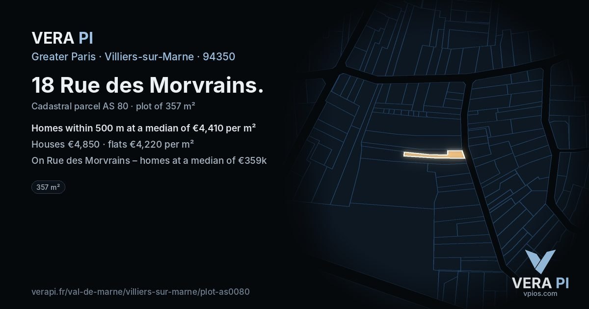 18 Rue des Morvrains, Villiers-sur-Marne at night – the plot lit, the parcels around coloured by the prices near them