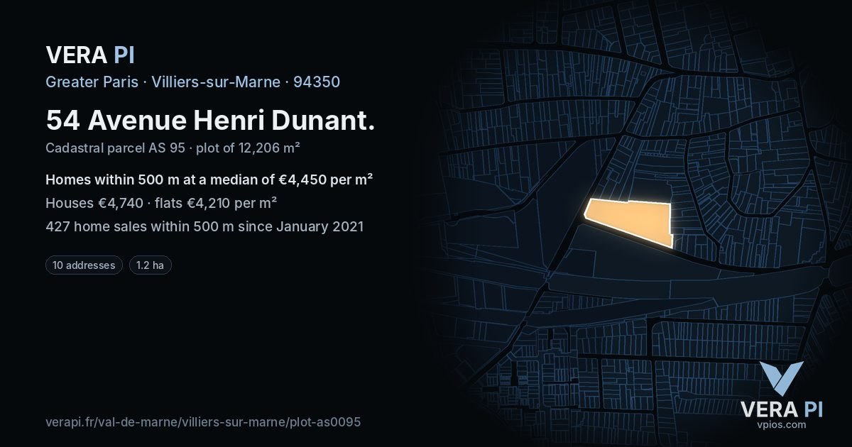 54 Avenue Henri Dunant, Villiers-sur-Marne at night – the plot lit, the parcels around coloured by the prices near them