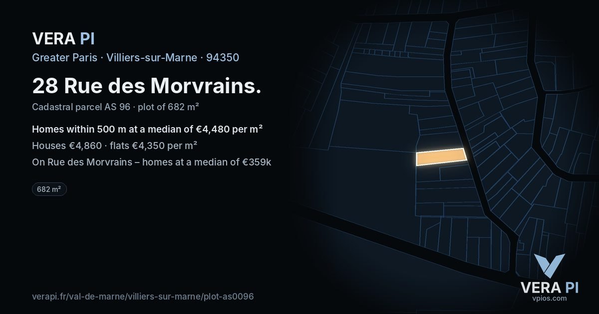 28 Rue des Morvrains, Villiers-sur-Marne at night – the plot lit, the parcels around coloured by the prices near them